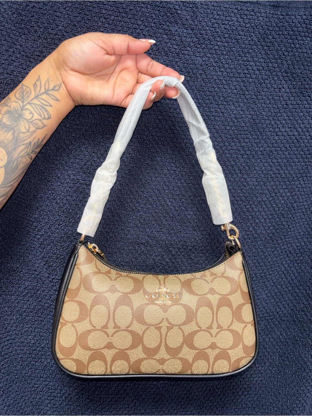Coach Tan Signature Jacquard Shoulder Bag with Black Trim